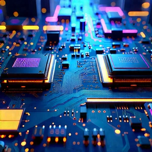 Circuit Board With Neon Accents With Close-up Computer