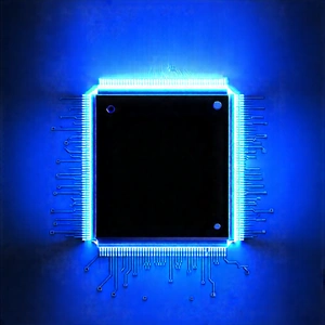 Microchip With Blue Light Glow With Blue Background