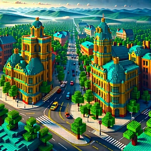 Urban Voxel Art: Aerial View Of Cultural District With Image, There