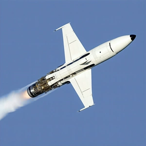 A White Fighter Jet Is Flying Through The Sky, Leaving A Trail Of Smoke Behind It
