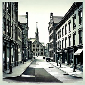 Urban Linocut Print: Urban Street With Historic Buildings With Black White