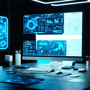 Futuristic Digital Workspace With Computer Desk