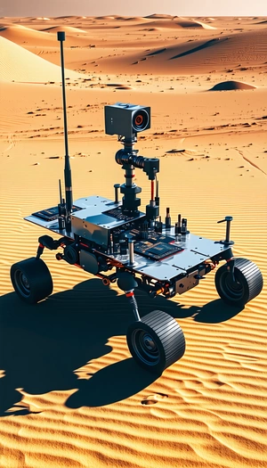 A Robotic Vehicle Is Sitting On A Sandy Surface, Possibly A Desert