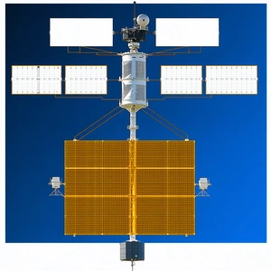 A Large Satellite Is Mounted On A Yellow Structure, Which Is Connected To A Blue Sky