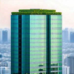 Urban Minimalist Design: Glass office tower with green rooftop