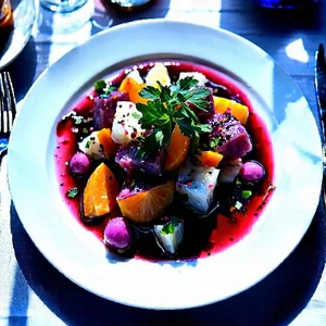 Lifestyle Woodcut Print: Farm-to-table Meal Prepared With Seasonal Produce With White Plate