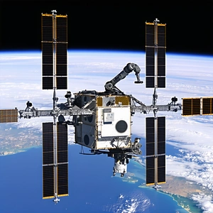 A Space Shuttle With A Large Satellite Dish On Top Of It