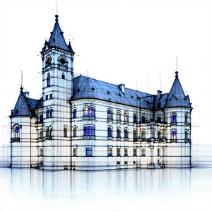 Urban Pencil Sketch: Historic Building With Reflective Glass With Large, Ornate