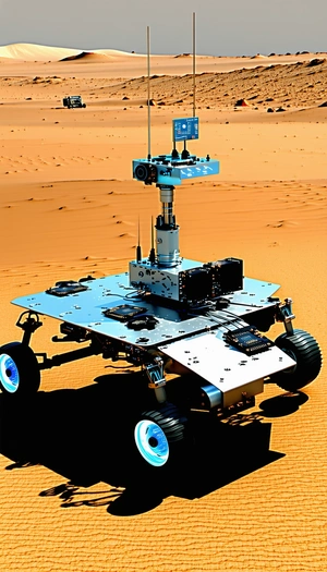 A Large Robotic Vehicle With A Blue And White Color Scheme, Sitting On A Sandy Surface