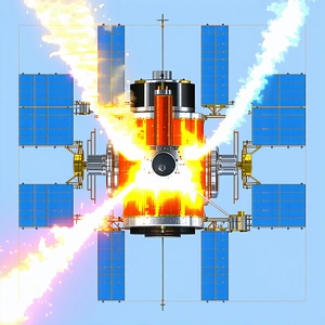 A Spacecraft Is Shown In A Blue Background, With A Bright Orange Explosion In The Center