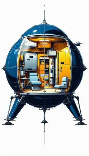 A Large, Futuristic Spacecraft Is Shown In A Blue And Yellow Color Scheme