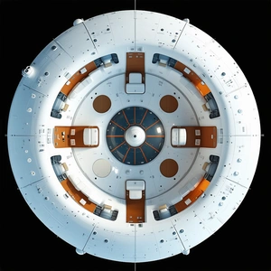 The Image Is A Close-up Of A Spacecraft, Likely A Space Station, With A Large White Dome On Top