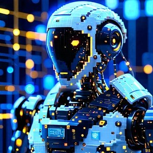 Robot With Data Streams With Futuristic Robot