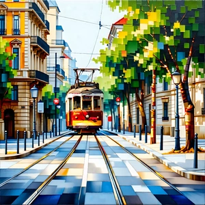 Urban Gouache Painting: City tram in quiet side street