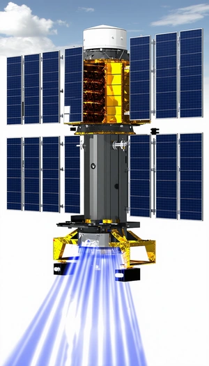 A Spacecraft Is Shown In A Close-up View, With Its Solar Panels And Other Components Clearly Visible