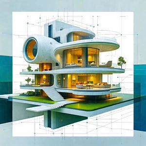 Tech Technical Illustration: Futuristic Smart Home With Drawing Large,