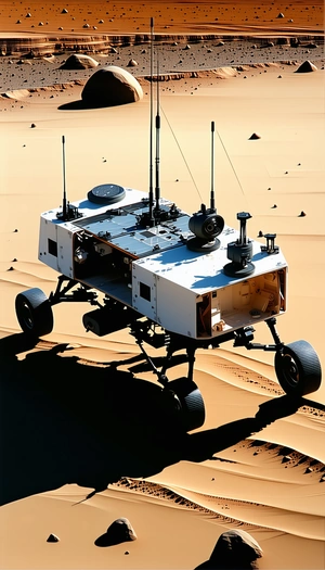 A White Robotic Vehicle With A Large Antenna On Top Of It