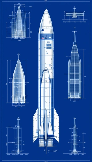 A Blue Drawing Of A Rocket Ship Is Displayed