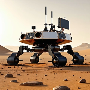 A Large Robotic Vehicle Is Sitting On A Rocky Surface, Possibly A Desert