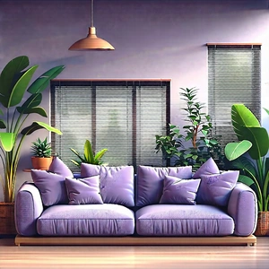 Lifestyle Low Poly: Cozy Living Room With Plants And Natural Elements With Large, Purple