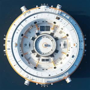 The Image Is A 3d Rendering Of A Large White Spacecraft, Possibly A Space Station Or A Space Shuttle