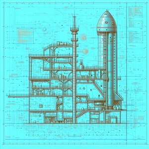 The Image Is A Blueprint Of A Large Building, Possibly A Space Station Or A Rocket Launcher