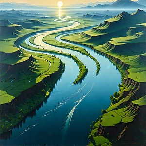 Nature Lithograph: Aerial view of winding (river:1.42)