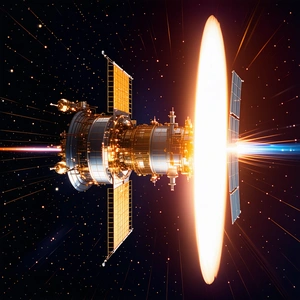 In The Image, There Is A Spacecraft With A Large Dome On Top Of It, Flying Through The Night Sky