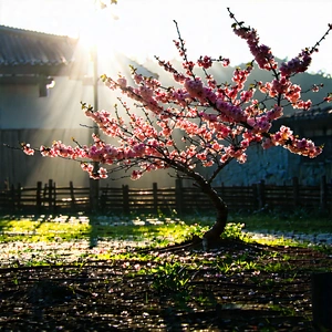 Nature Long Exposure Photography: Cherry Blossoms In Sunlit Clearing With Small Tree