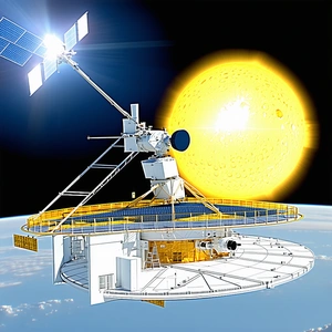 A Large Space Station Is Shown In The Image, With A Large Sun In The Background
