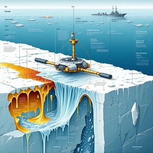 A Large Iceberg Is Shown In The Image, With A Ship Floating In The Water Near It