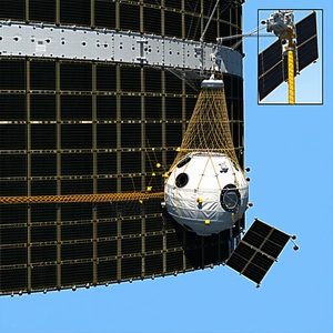 A Space Station Is Shown In The Image, With A Small Spacecraft Docked To It