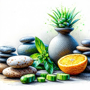 Lifestyle Pastel Drawing: Wellness Scene With Healthy Food With Table Variety