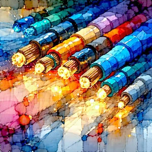 Tech Watercolor Painting: Close-up of fiber optic cables
