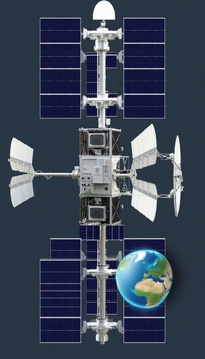 A Large Satellite Is Shown In The Image, With A Smaller Satellite Attached To The Side Of It