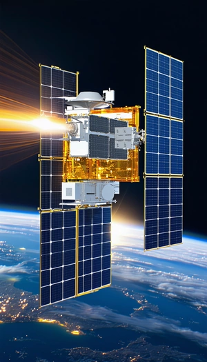 A Spacecraft With A Large Satellite Dish On Its Side