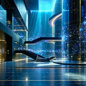 Tech Architectural Photography: Artificial Intelligence Visualization With Futuristic, Blue-lit