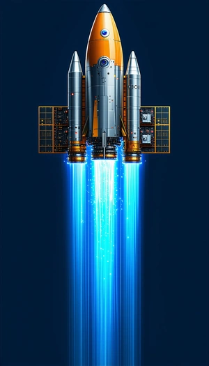 A Space Shuttle Is Shown In A Blue Background, With Its Boosters Lit Up