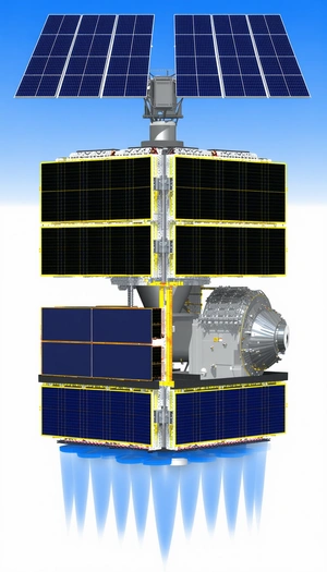 A Large Space Station Is Shown In A Blue And White Color Scheme