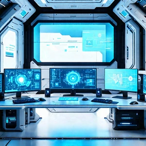 Futuristic Digital Workspace With Image, There