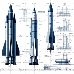 A Blue Rocket Ship Is Shown In A Drawing, With A Smaller Rocket Ship Next To It