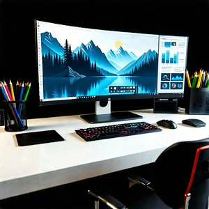 Business Blender Artwork: Workplace With (digital:1.49) Devices On Desk With Large Computer