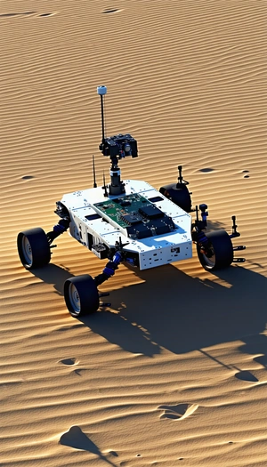 A White Robotic Vehicle With A Camera Mounted On Top Of It