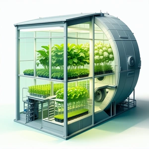 A Large, Cylindrical Structure With A Glass Front, Housing A Variety Of Plants
