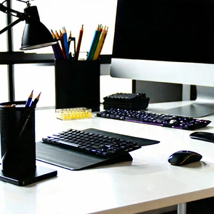 Business Digital Illustration: Workplace with productivity tools on desk