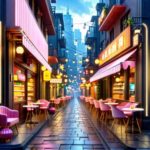 Urban 3d Render: Urban Street With Cafes And Shops With Colorful, Animated