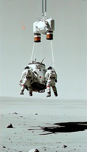 In The Image, Two Astronauts Are Being Lifted Off The Ground By A Crane