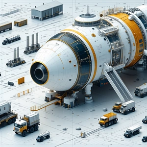 In This Image, There Is A Large White Spacecraft With A Yellow And Blue Stripe On It
