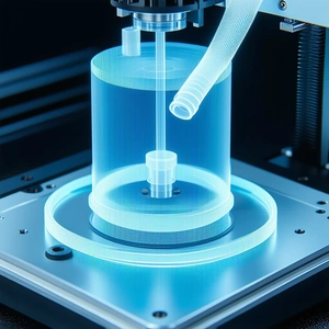 A Blue And Clear Plastic Container Is Being Filled With A White Substance