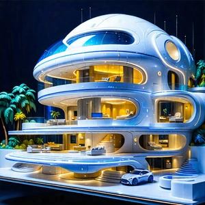 Tech Gouache Painting: Futuristic Smart Home With Large White
